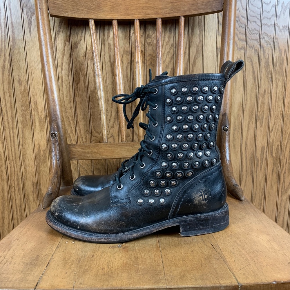 Studded Black Leather Lace-Up Combat Boots - Picture 2 of 7